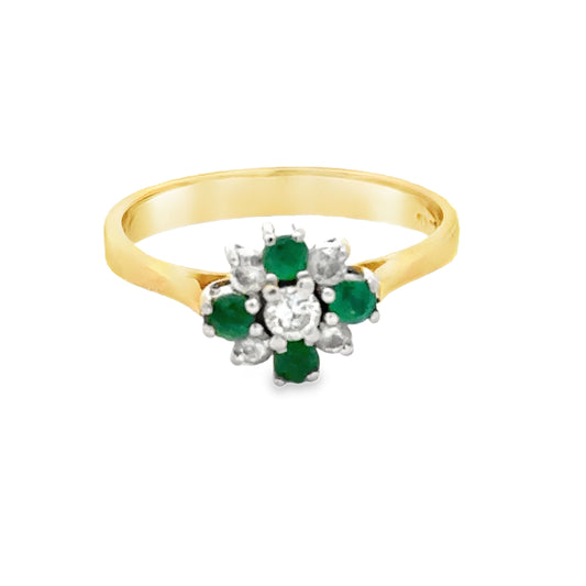 Emerald & Diamond Flower Cluster Ring in Yellow Gold